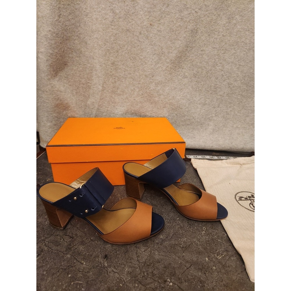 Hermes Leather Bicolor Mule Sandals Heels 37 1/2 Resoled Dust Bag Box - Picture 3 of 16